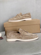 Beige Suede Penny Loafers